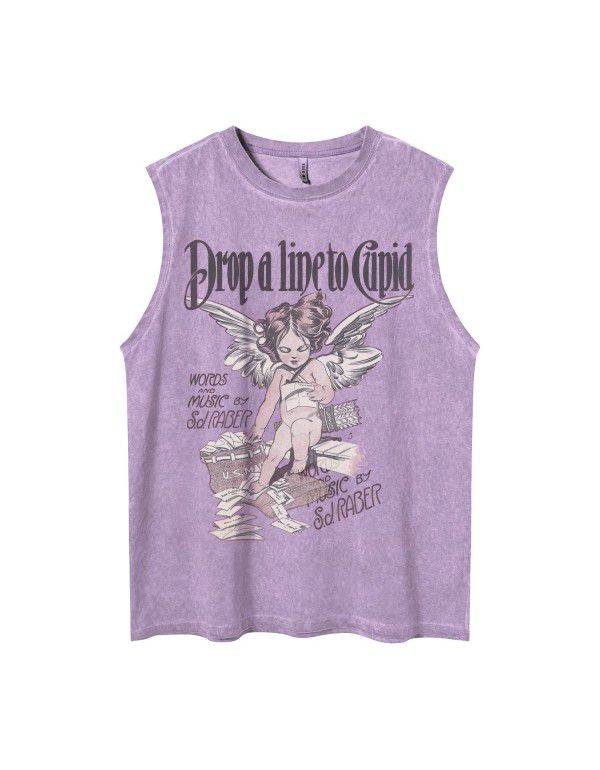 American vintage vintage vintage angel print sleeveless t-shirt fashion brand loose lovers casual sports vest men's T-shirt street 