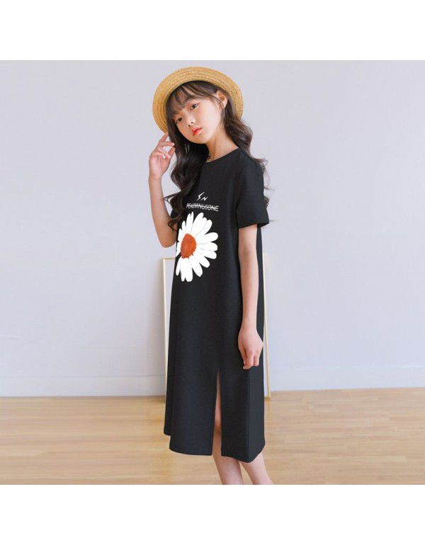 Summer New Medium to Large Kids Korean Version Loose Medium to Long T-shirt Girls Little Daisy Short Sleeve Top 