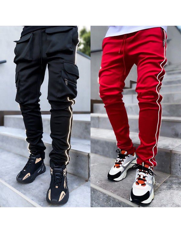 Spring and Autumn Work Wear Pants Men's Fashion Brand Elastic Multi Pocket Reflective Straight Sleeve Sports Fitness Casual Pants