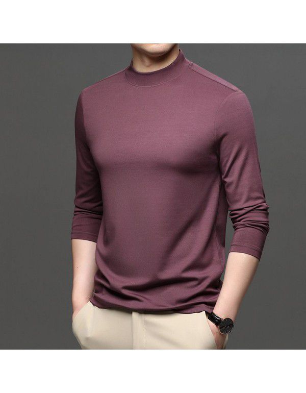 Autumn New Brand Men's Wear Solid Color Men's Pullover Fashion City Middle Neck Underlay T-shirt Silk Men's T Shirt