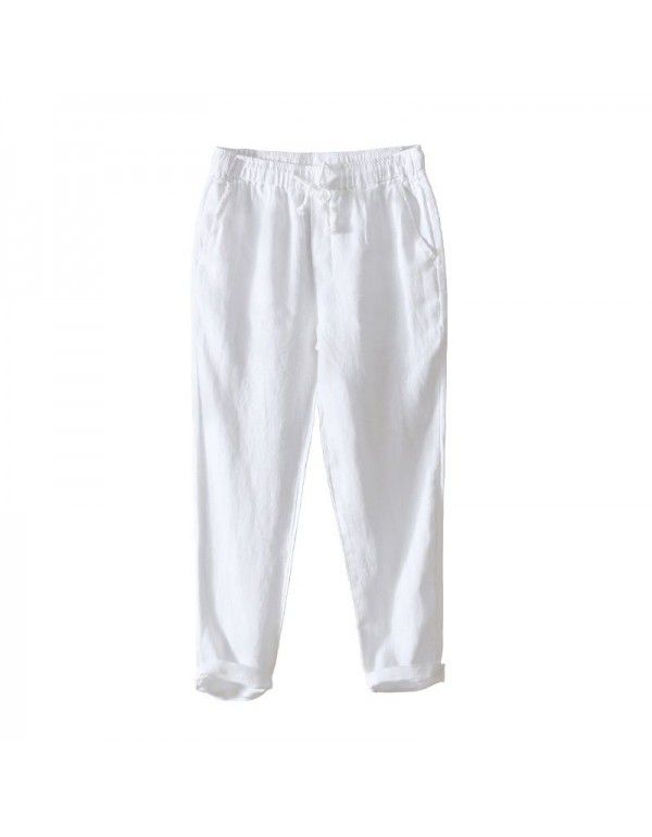 Spring and Summer Simple Solid Color Straight Pants Men's Lacing Casual Pants Linen Breathable Pants Men