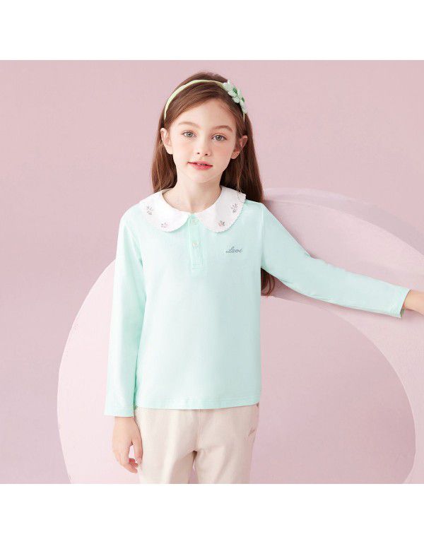 Spring New T-shirt Long Sleeve Girls' Polo Top Medium and Large Children's Wear Girls' T-shirt Casual