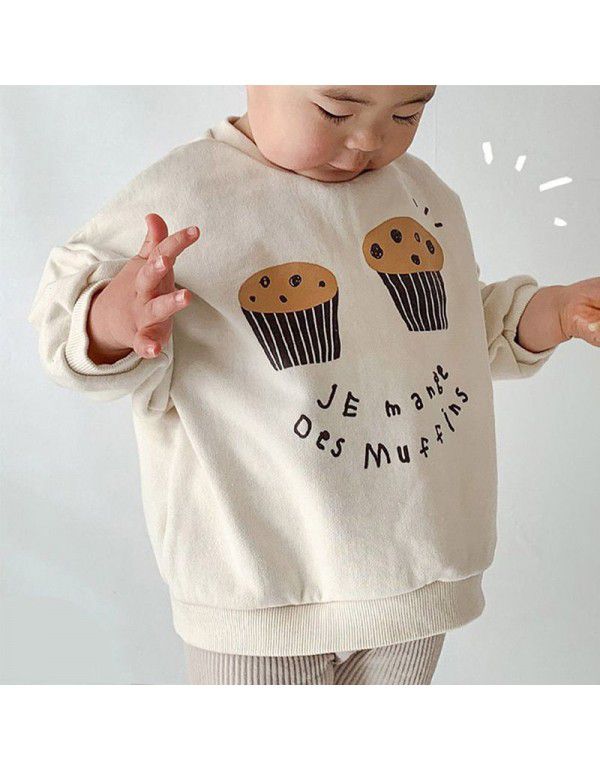 Korean Children's Wear Spring Girls' Baby Fashionable Cartoon Cupcake Pretty Split Children's Long Sleeve T-Shirt