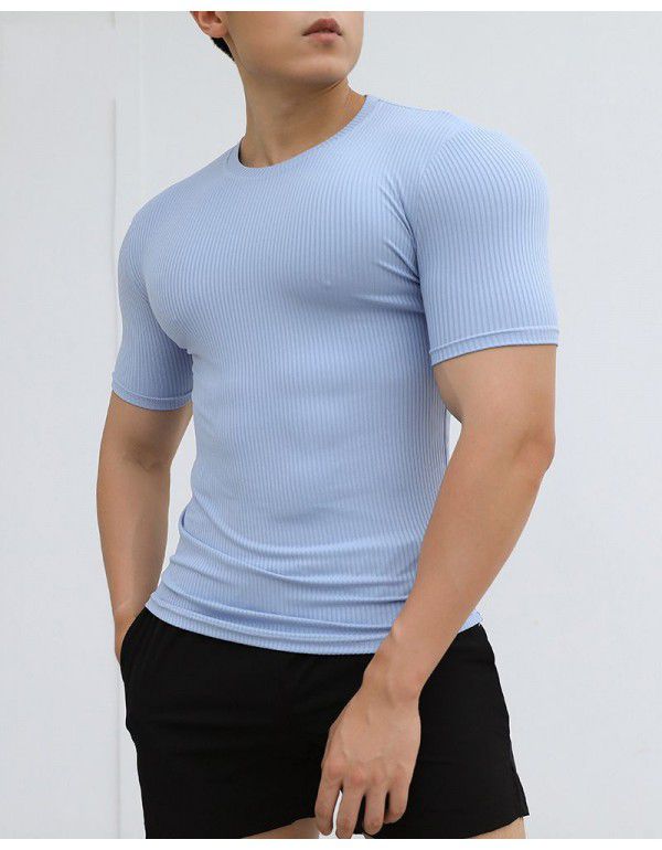 New sports short-sleeved men's summer solid color stripe fitness training casual high stretch fit T-shirt top 