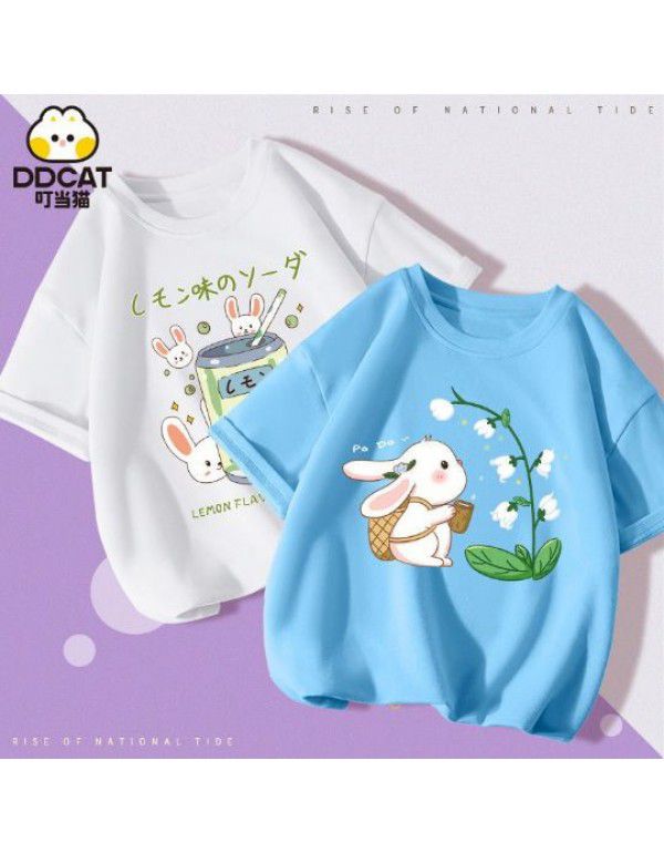 Girls' Short Sleeve T-shirt Summer Cartoon Print Cotton Half Sleeve T-shirt Medium and Big Kids