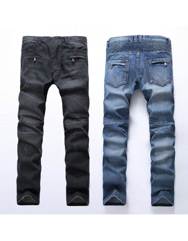 Jeans Men's Light Pleated Slim Fit Straight Zipper Decorative Motorcycle Pants