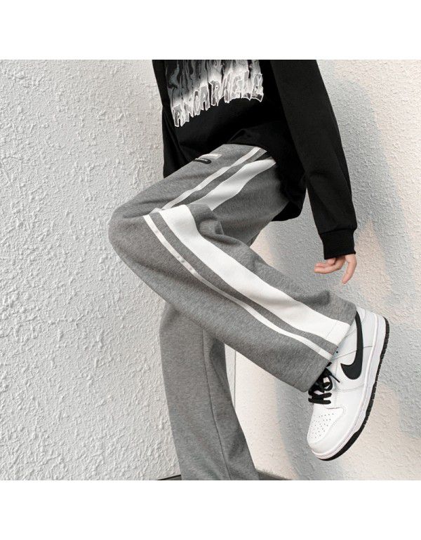 Casual pants men's autumn new style Hong Kong fashion brand striped loose pants men's straight leg wide leg sports pants 