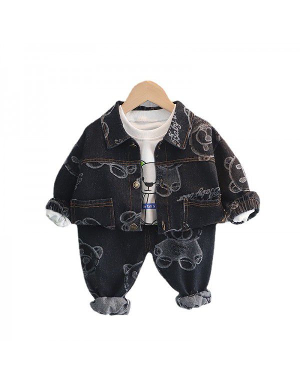 Children's casual T-shirt Children's wear Boys' autumn wear Polo collar Denim jacket set Long sleeve work clothes Fashion children's coat