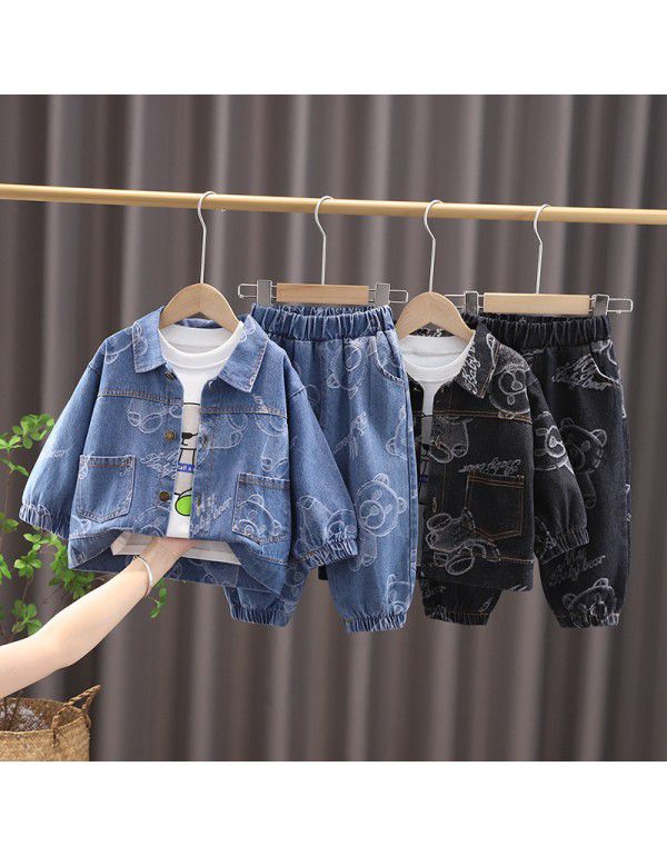 Children's casual T-shirt Children's wear Boys' autumn wear Polo collar Denim jacket set Long sleeve work clothes Fashion children's coat