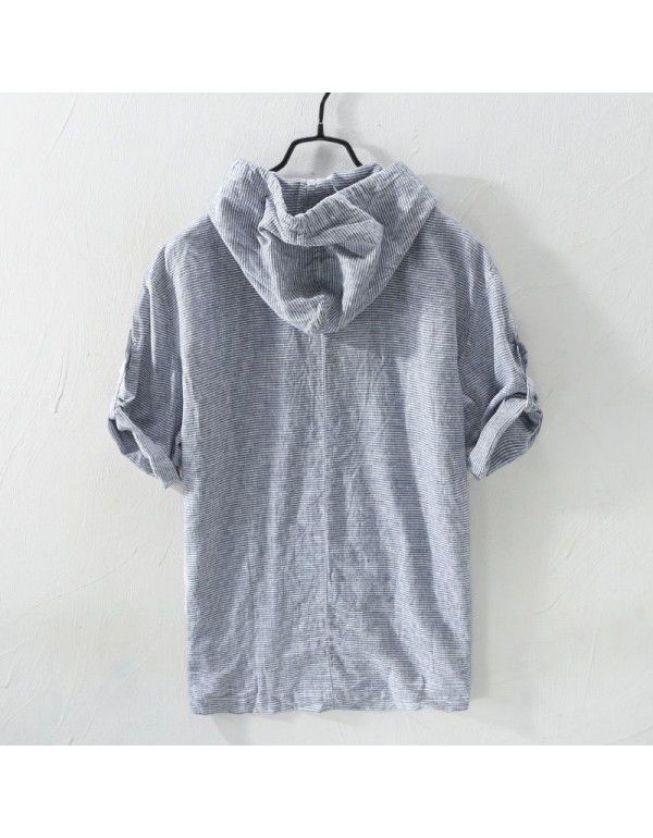 Summer Men's Cotton Linen Stripe Short Sleeve Casual Loose Fit Men's Hooded T-shirt Men's Linen