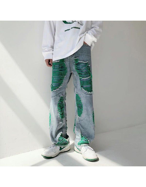 Harajuku style embroidered torn jeans Men's fashion American high street pants Summer loose wide leg mop pants 