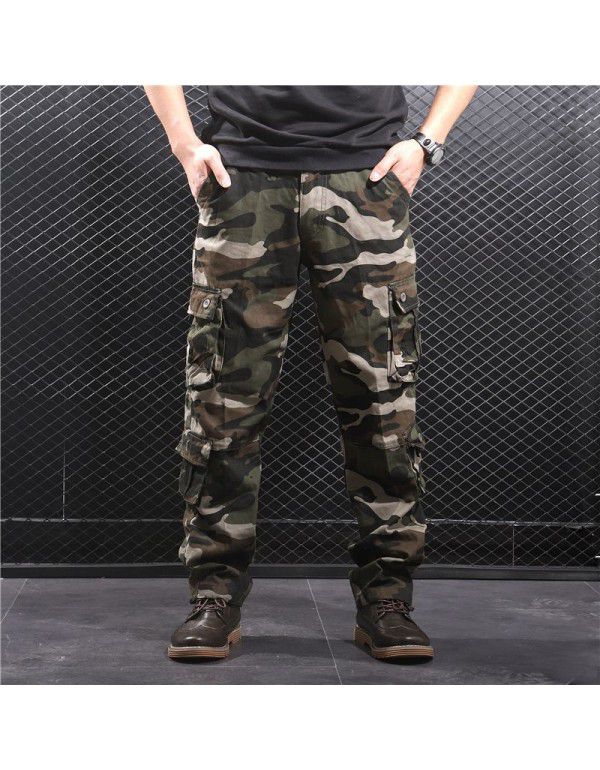 Wear-resistant, loose, straight, multi-pocket men's camouflage overalls long pants