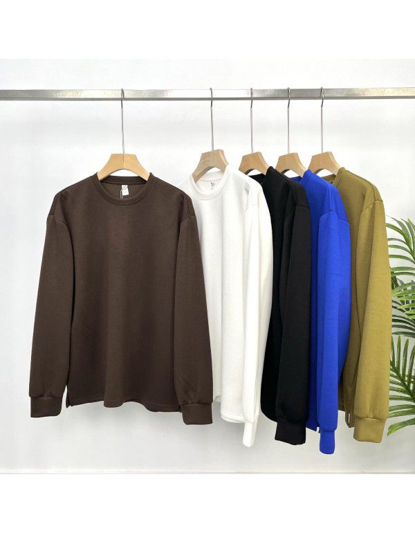 Autumn Simple Solid Color Premium Long Sleeve Fixed Dye Air Layer Special Fabric Men's Backing Versatile Loose T-shirt