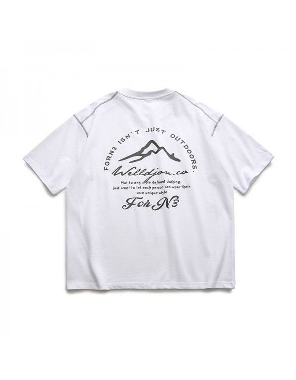 Summer New Solid Back Print Round Neck Short Sleeve Japanese Fashion High Street Loose T-shirt Men