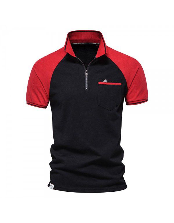 Men's Contrast Polo Shirt Youth Raglan Sports Casual Zip Polo Collar