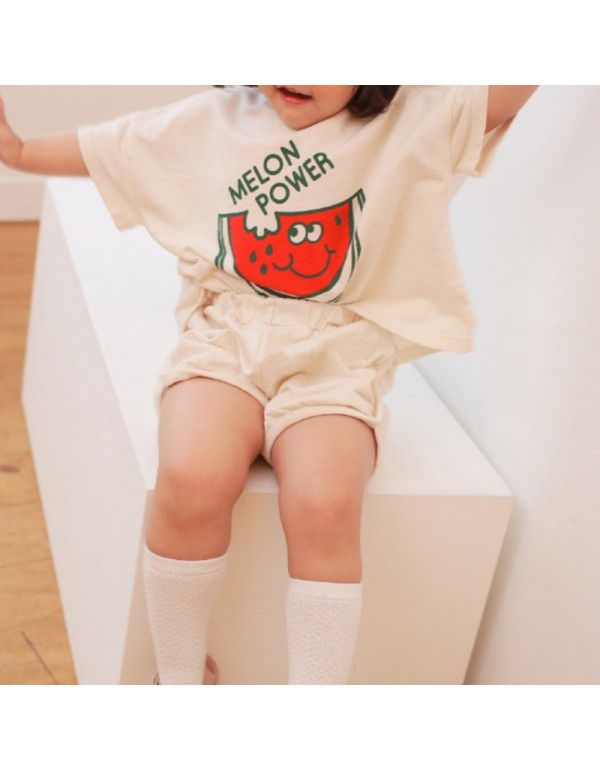 Children's new summer suit Korean style sports casual cartoon printed t-shirt for boys and girls short-sleeved shorts set 