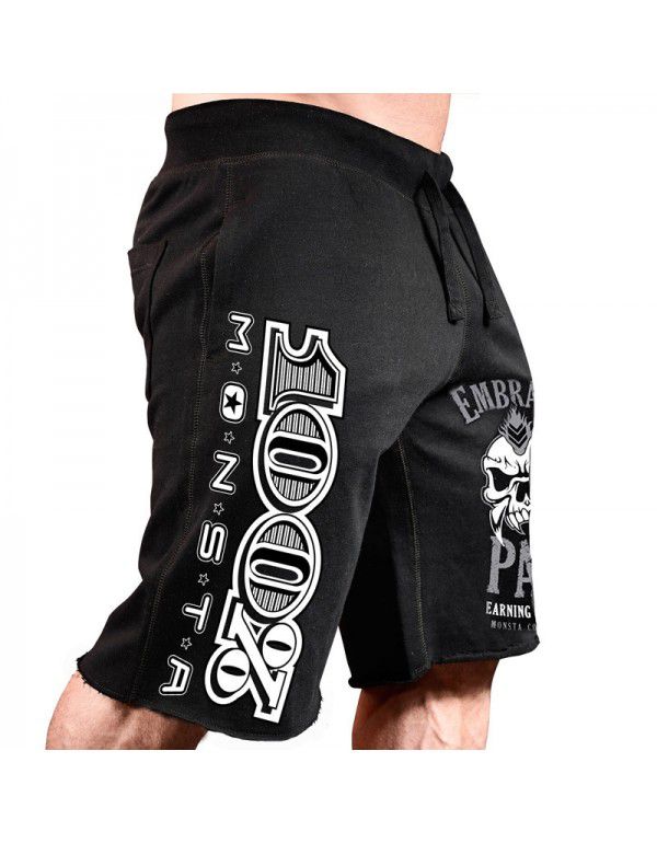 Muscle Fitness Summer Men's Sports Running Casual Shorts Drawcord Printed Cotton Stretch Capris