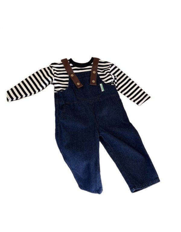 Children's Denim Strap Pants Set Spring New Korean Children's Wear Girls' Striped T-shirt Two Piece Set Westernized