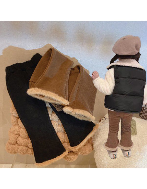 Girls' one-piece plush thickened chenille flared trousers, children's Korean version of foreign style, versatile warm casual pants 