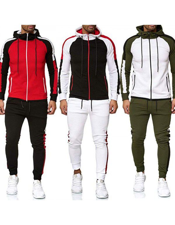 Spring and Autumn New Fashion Stripes Color-blocking Large Men's Hooded Sweater Sweatsuit