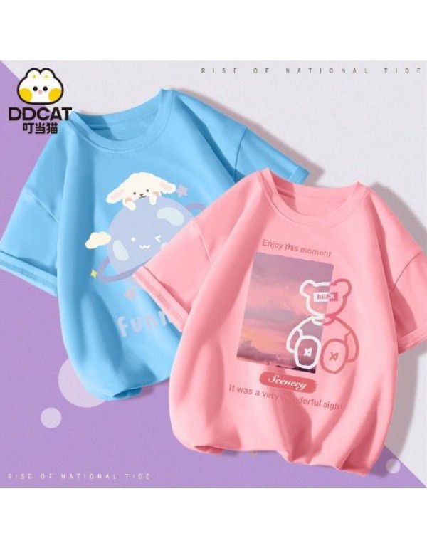 Girls' Short Sleeve T-shirt Summer Cartoon Print Cotton Half Sleeve T-shirt Medium and Big Kids