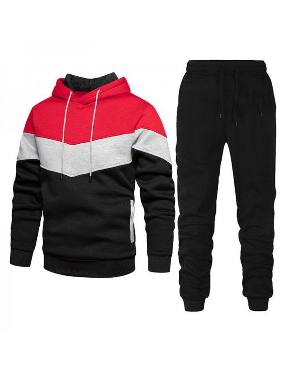 Men's sports suit fashion casual spring and autumn patchwork hooded sweater pants two-piece set 