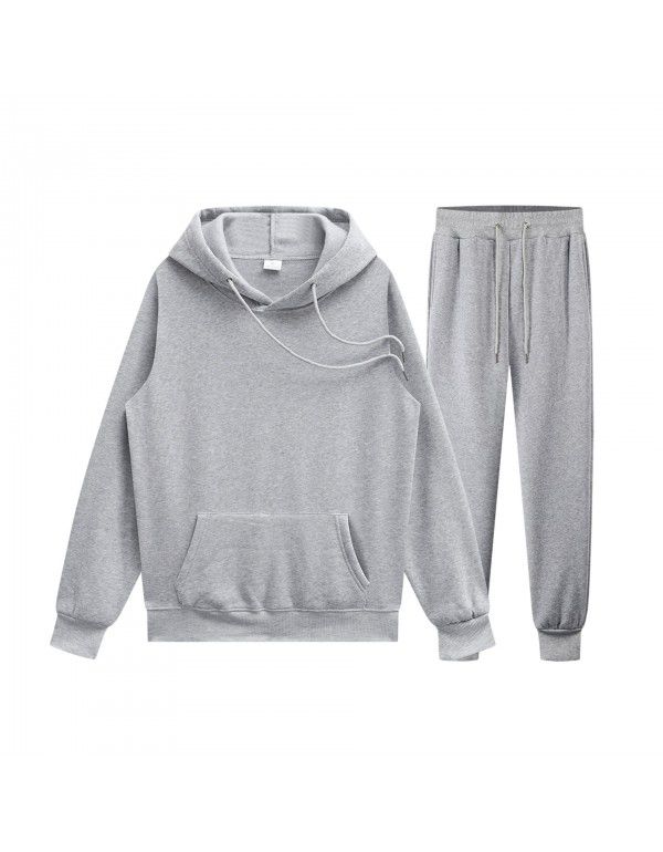 Men's pullover sweater set manufacturer polyester plush sweater hoodie+two-piece set of trousers 