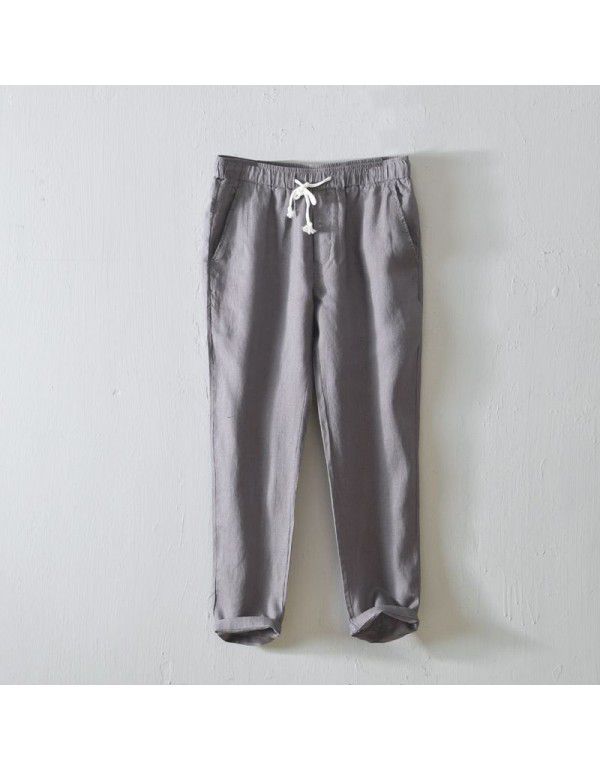 Spring and Summer Simple Solid Color Straight Pants Men's Lacing Casual Pants Linen Breathable Pants Men