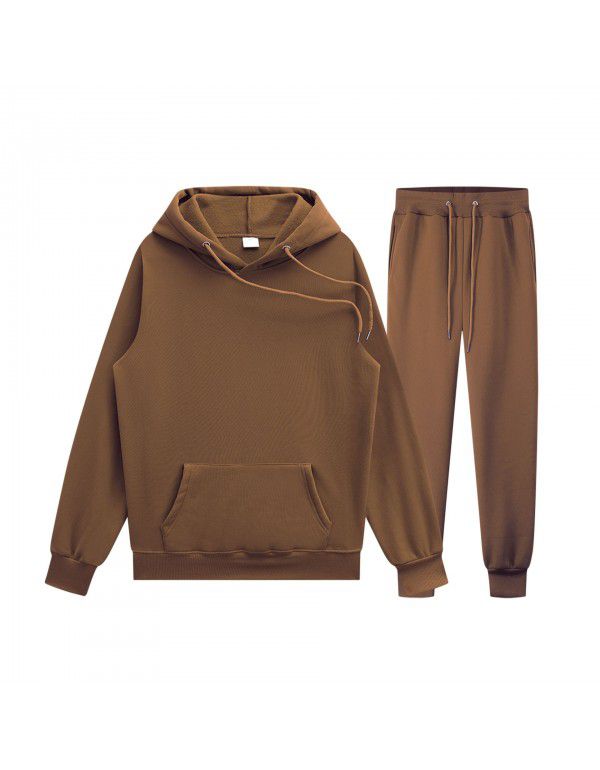 Men's pullover sweater set manufacturer polyester plush sweater hoodie+two-piece set of trousers 