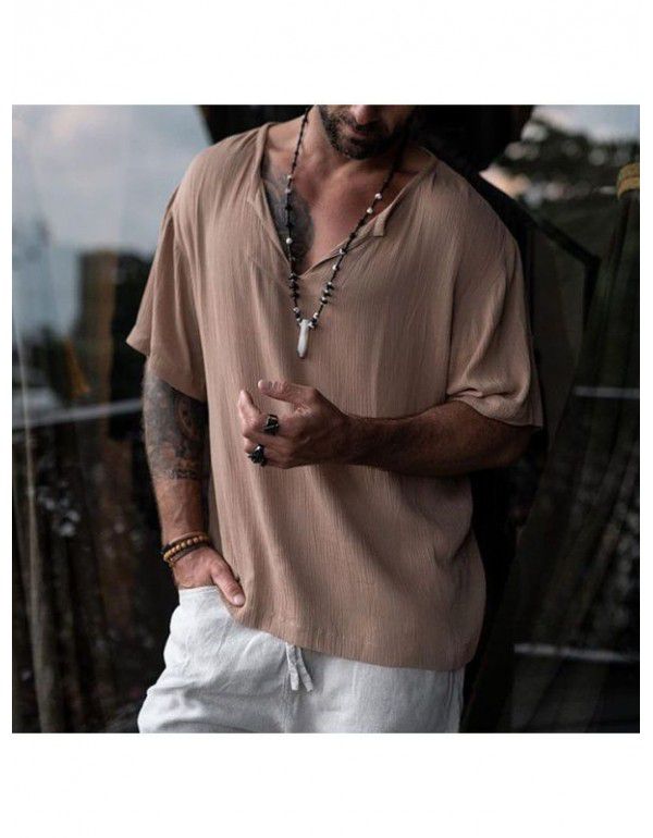 Men's cotton round neck shirt Europe and America cross-border loose solid color collar medium sleeve T-shirt with 5/4 sleeves