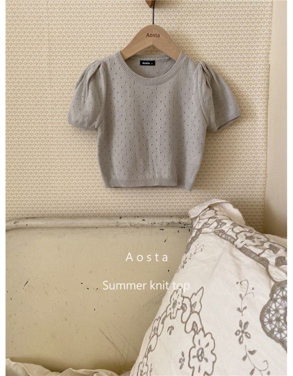 Children's summer new style children's bubble sleeve knitted T-shirt top girls round neck pullover