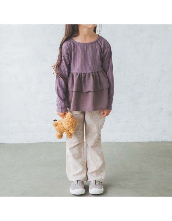 Autumn and winter new children's wear top Waffle panel ruffle design lovely long-sleeved T-shirt bottom shirt girls 