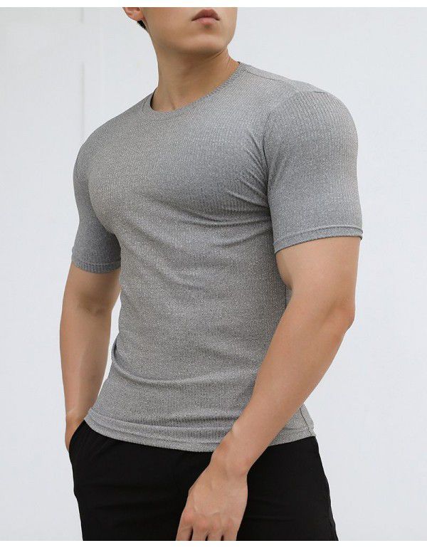 New sports short-sleeved men's summer solid color stripe fitness training casual high stretch fit T-shirt top 