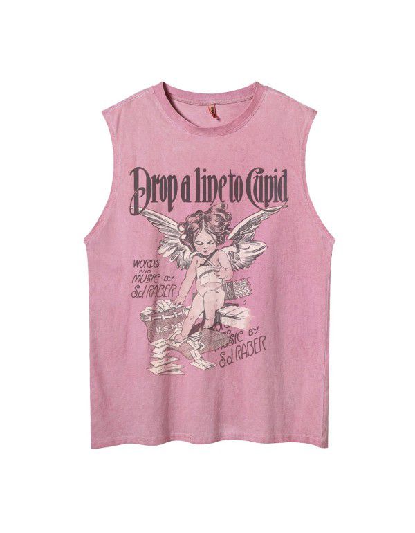 American vintage vintage vintage angel print sleeveless t-shirt fashion brand loose lovers casual sports vest men's T-shirt street 