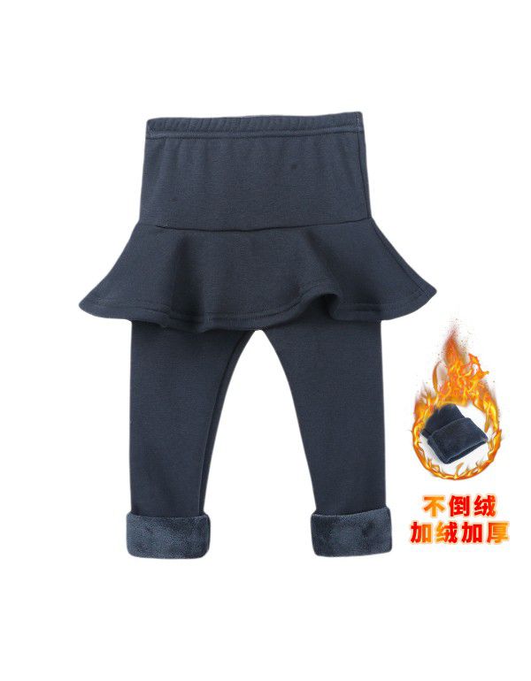 Fake two-piece leggings girls' skirt pants wear plush thickened children's thermal insulation trousers cotton in winter 