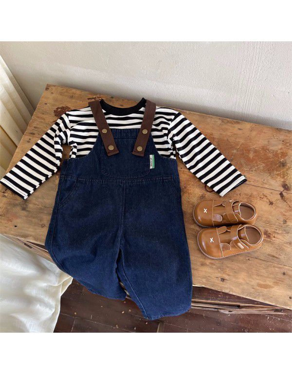 Children's Denim Strap Pants Set Spring New Korean Children's Wear Girls' Striped T-shirt Two Piece Set Westernized