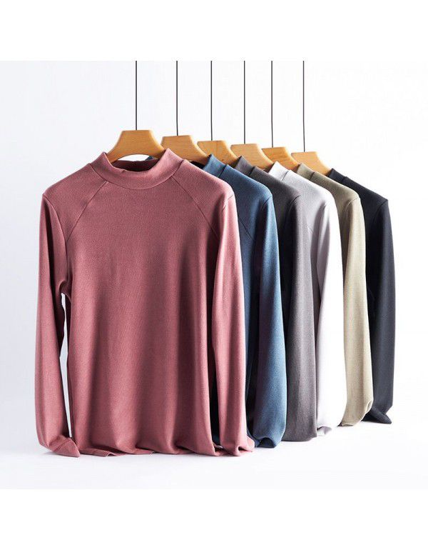 Half High Collar Open Shoulder Top Fashion Stretch Casual Bottom Shirt Long Sleeve Men's T-Shirt 