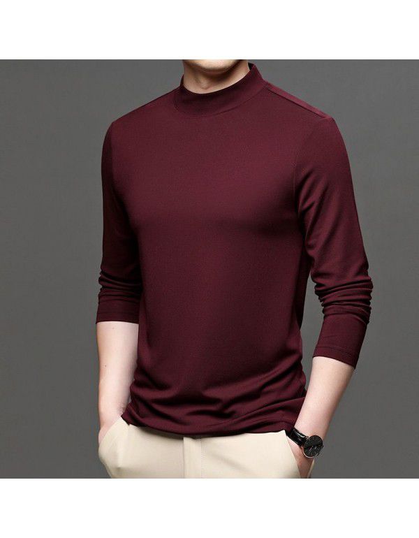 Autumn New Brand Men's Wear Solid Color Men's Pullover Fashion City Middle Neck Underlay T-shirt Silk Men's T Shirt