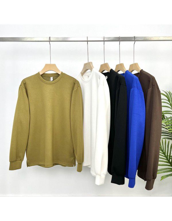 Autumn Simple Solid Color Premium Long Sleeve Fixed Dye Air Layer Special Fabric Men's Backing Versatile Loose T-shirt