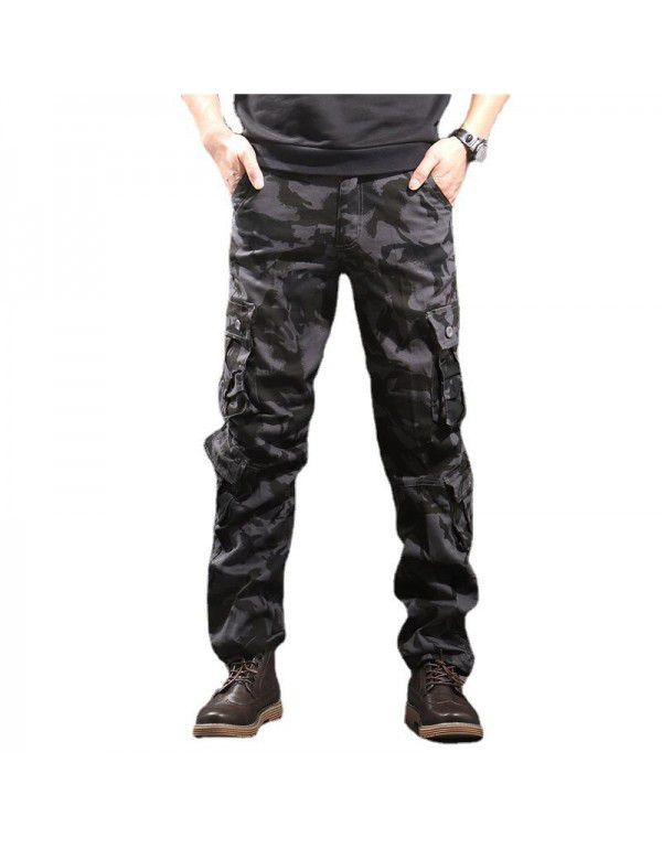 Wear-resistant, loose, straight, multi-pocket men's camouflage overalls long pants