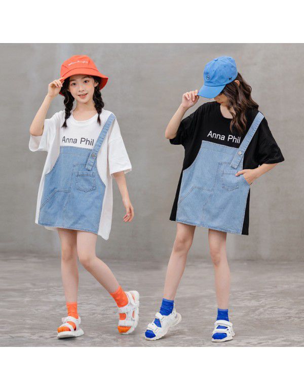 Children's New Girls' Loose T-shirt Summer Korean Version Chinese Big Children's Parent-child Dress Pure Cotton Splice Fake Two Piece Top