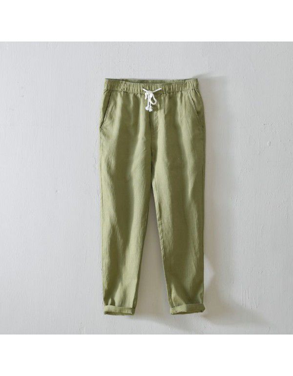 Spring and Summer Simple Solid Color Straight Pants Men's Lacing Casual Pants Linen Breathable Pants Men