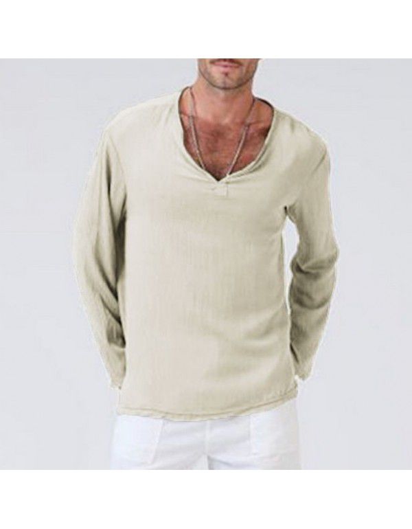 Fashion New Cotton Linen National Style Loose Fit Men's V-neck Solid Long Sleeve T-shirt