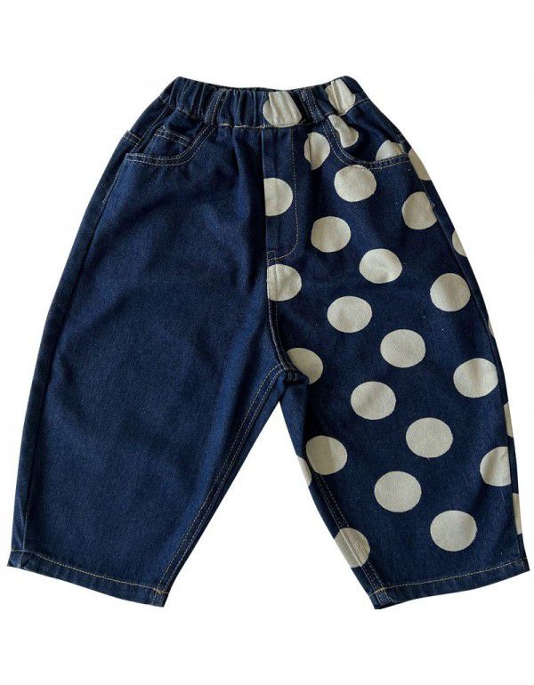 Children's wear Children's pants Spring wear New Korean polka dot jeans Fashionable baby color contrast casual pants
