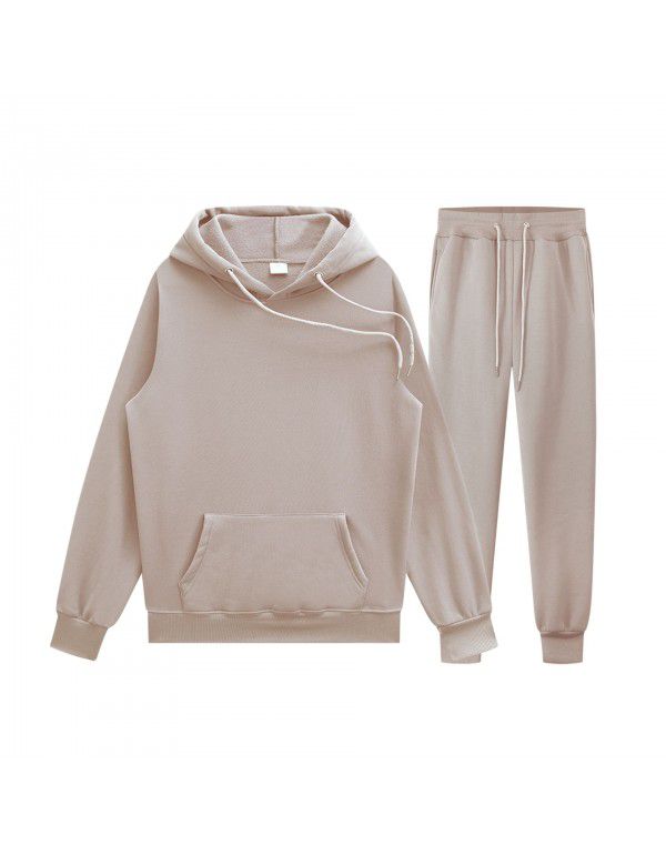 Men's pullover sweater set manufacturer polyester plush sweater hoodie+two-piece set of trousers 