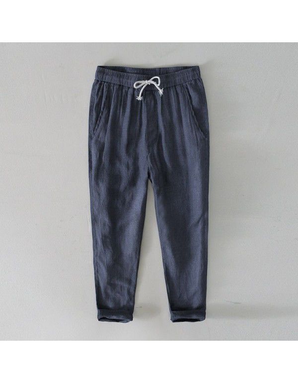 Spring and Summer Simple Solid Color Straight Pants Men's Lacing Casual Pants Linen Breathable Pants Men