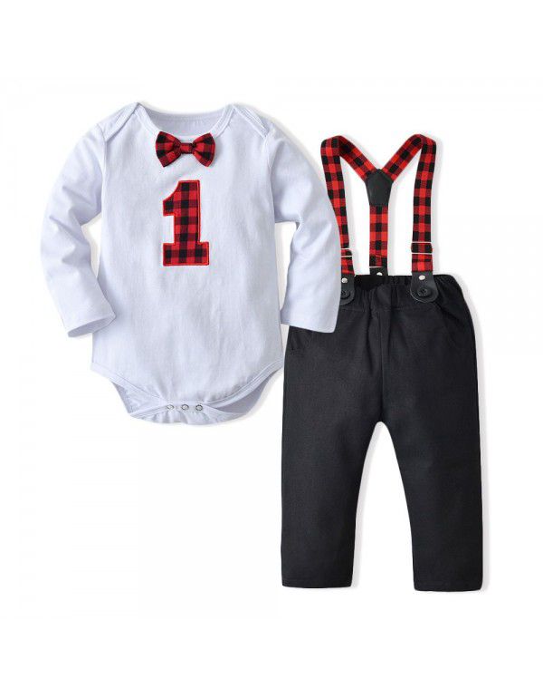 Baby Boys Fall Long Sleeve T-shirt Strap Pants Boys Set Gentleman Bowtie Cotton Creeper