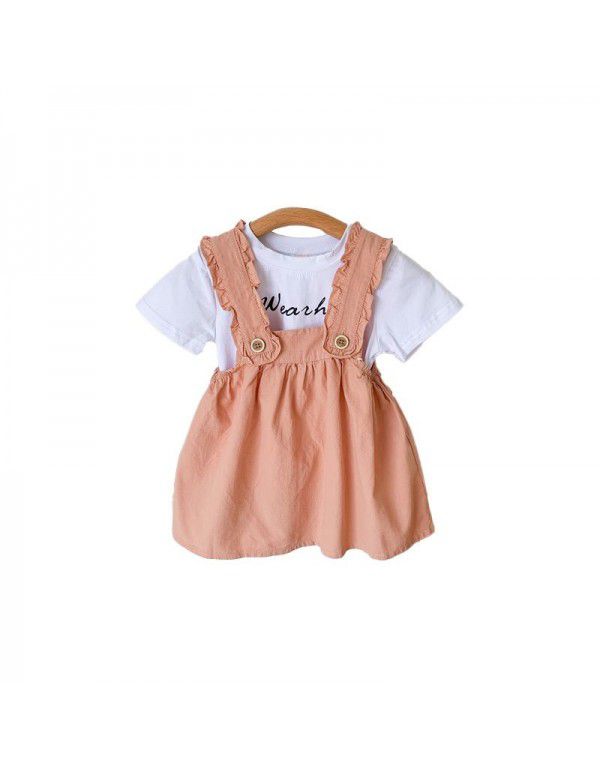 Girls' Strap Dress Set Summer New Korean Women's Treasure Letter T-shirt Short Sleeve Strap Dress Pink