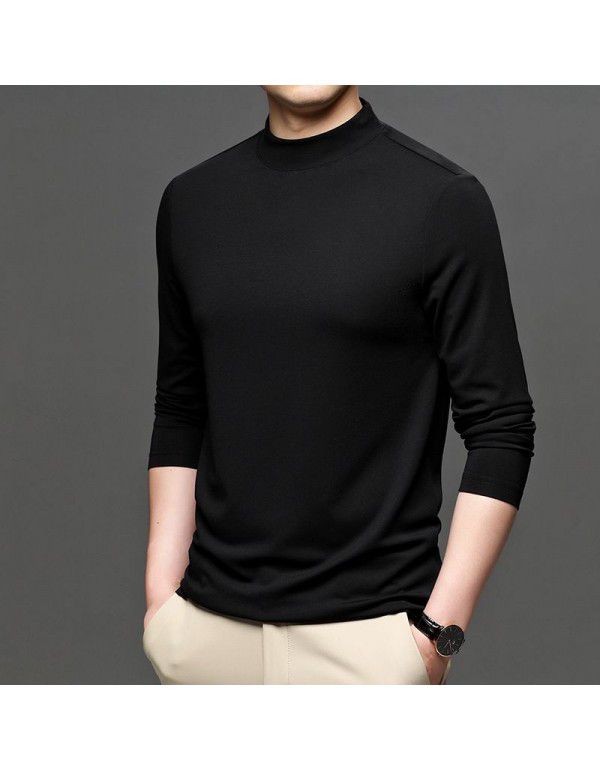 Autumn New Brand Men's Wear Solid Color Men's Pullover Fashion City Middle Neck Underlay T-shirt Silk Men's T Shirt