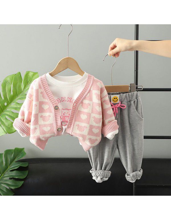 Autumn Girls' Knitted Cardigan Coat Printed Long Sleeve T-shirt Casual Pants 3PK Set